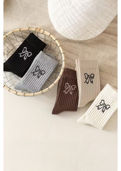 Kadın 5 Çift Premium Kalite Kurdele Desenli Günlük Kullanıma Uygun Kolej Çorap indirimleri
