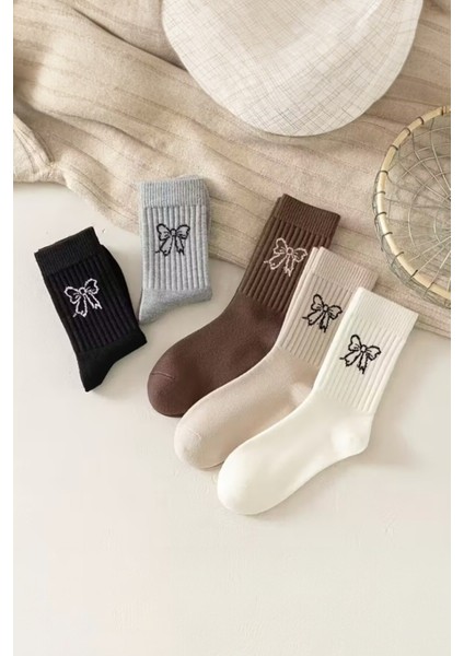 Kadın 5 Çift Premium Kalite Kurdele Desenli Günlük Kullanıma Uygun Kolej Çorap