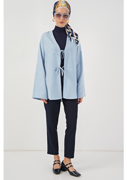Mavi Keten Tesettür Kimono 5968 - Kadın Orta Kalınlıkta Regular Kalıp