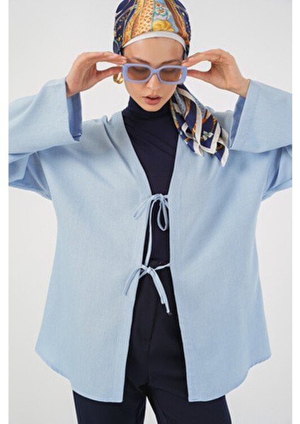 Mavi Keten Tesettür Kimono 5968 - Kadın Orta Kalınlıkta Regular Kalıp