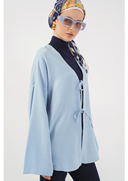 Mavi Keten Tesettür Kimono 5968 - Kadın Orta Kalınlıkta Regular Kalıp