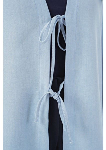 Mavi Keten Tesettür Kimono 5968 - Kadın Orta Kalınlıkta Regular Kalıp