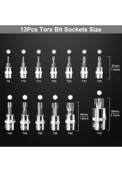 13PCS Star Torx Bit Socket Seti T8-T70 H2-H14 Crv Soketleri 1/4inch 3/8inch ve 1/2inch El Kullanımı Için Sürücü (Yurt Dışından) modelleri