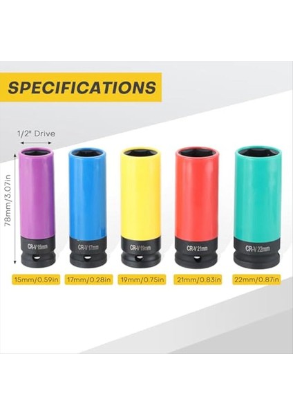 Tekerlek Koruyucusu Etki Soketi Seti 1/2 Inç Tahmin Somun Soketi Renk Kodlu Koruyucu Kenar (15/17/19/21/22MM) (Yurt Dışından) indirimleri