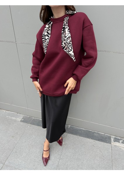 Kadın Bordo Leopar Şal Detaylı Oversize Sweatshirts 30096