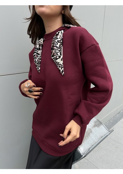 Kadın Bordo Leopar Şal Detaylı Oversize Sweatshirts 30096 fırsatları
