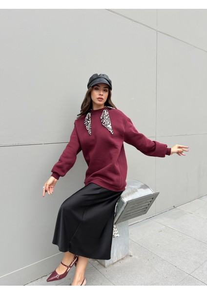 Kadın Bordo Leopar Şal Detaylı Oversize Sweatshirts 30096 indirimleri