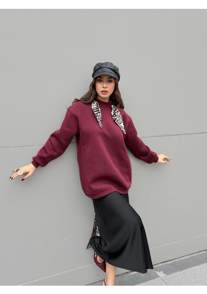 Kadın Bordo Leopar Şal Detaylı Oversize Sweatshirts 30096