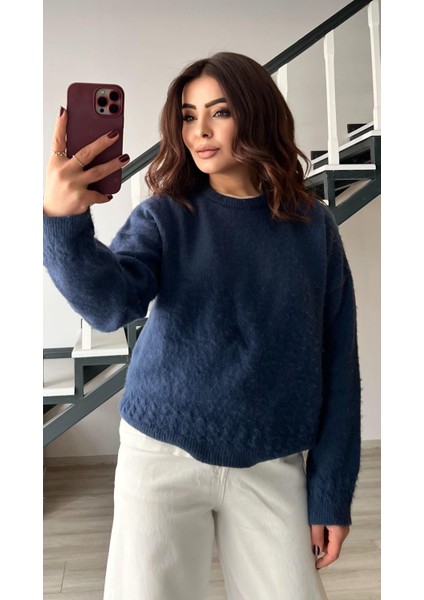 Indigo Kendinden Tüylü Triko Kazak