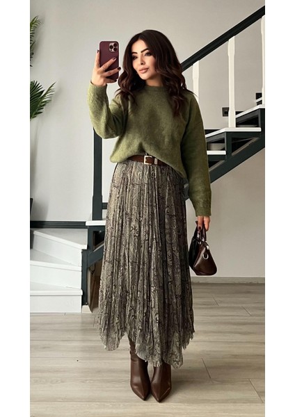 Yeşil-Kahve Astarlı Bel Lastikli Asimetrik Etek