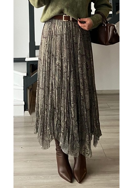 Yeşil-Kahve Astarlı Bel Lastikli Asimetrik Etek fiyatları