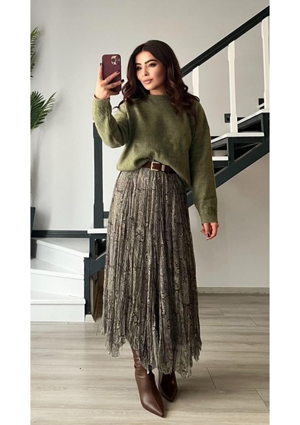 Yeşil-Kahve Astarlı Bel Lastikli Asimetrik Etek modelleri