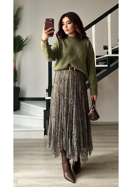 Yeşil-Kahve Astarlı Bel Lastikli Asimetrik Etek fırsatları