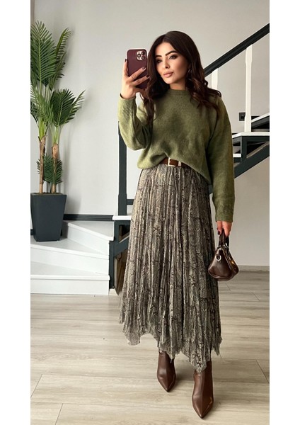 Yeşil-Kahve Astarlı Bel Lastikli Asimetrik Etek indirimleri