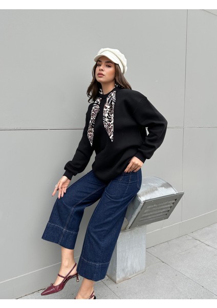 Kadın Siyah Leopar Şal Detaylı Oversize Sweatshirts 30096 fırsatları