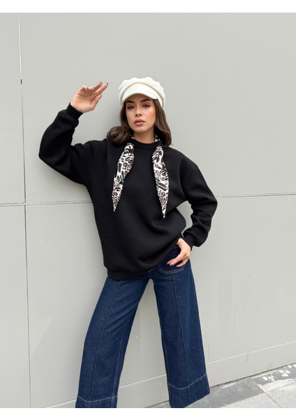 Kadın Siyah Leopar Şal Detaylı Oversize Sweatshirts 30096 indirimleri