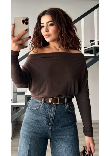 Kahve Modal Düşük Omuz Bluz