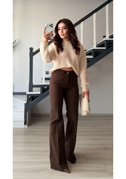 Kahve Likralı Ispanyol Paça Jean