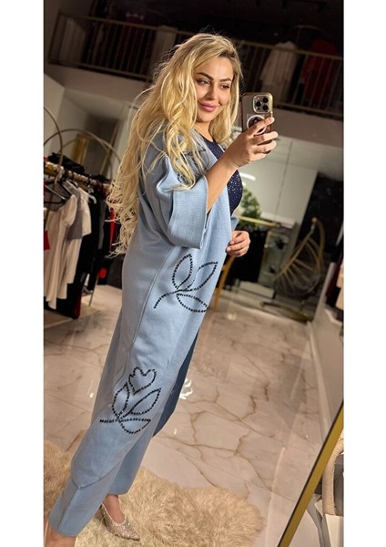 Kadın Bebe Mavisi Triko Taş Işleme Ikili Takım