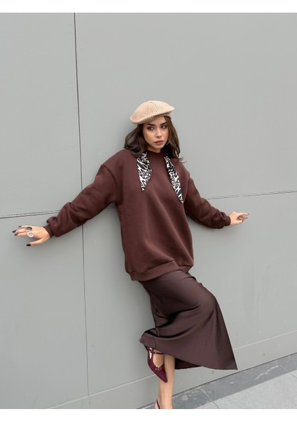 Kadın Kahve Leopar Şal Detaylı Oversize Sweatshirts 30096 fırsatları