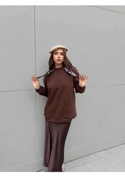 Kadın Kahve Leopar Şal Detaylı Oversize Sweatshirts 30096 indirimleri