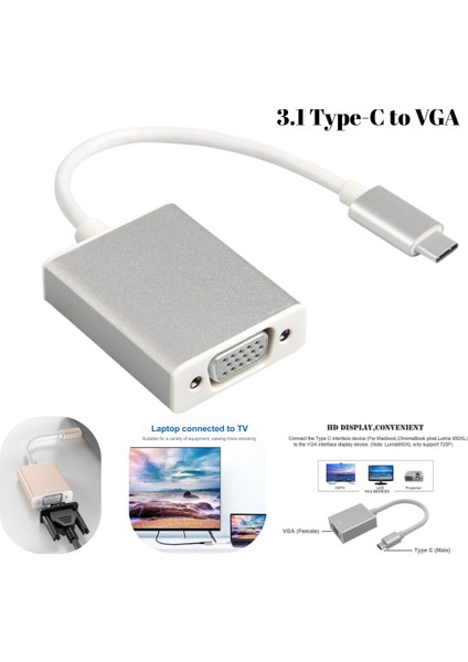 Type-C 3.1 - VGA Adaptör Dönüştürücü 1080P | Monitör, Tv, Projeksiyon Uyumlu