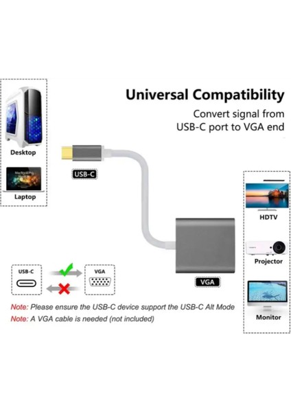 Type-C 3.1 - VGA Adaptör Dönüştürücü 1080P | Monitör, Tv, Projeksiyon Uyumlu modelleri