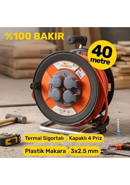Plastik Makaralı Kablo Uzatma Kablosu % 100 Bakır 40 Metre 3x2.5 mm Termal Sigortalı Seyyar 4 Prizli fiyatları