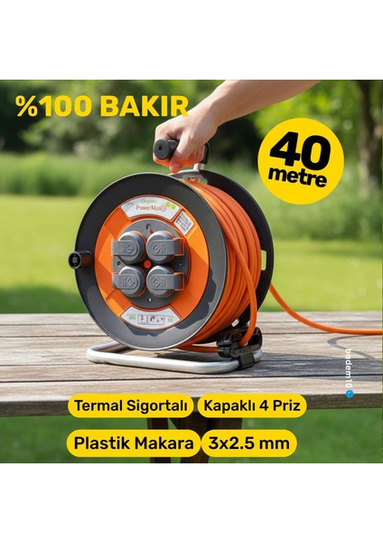 Plastik Makaralı Kablo Uzatma Kablosu % 100 Bakır 40 Metre 3x2.5 mm Termal Sigortalı Seyyar 4 Prizli modelleri