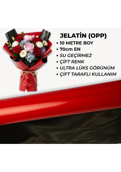 Opp (Jelatin) Çiçek Buket Ambalaj Kağıdı - Kırmızı Siyah Çift Taraflı