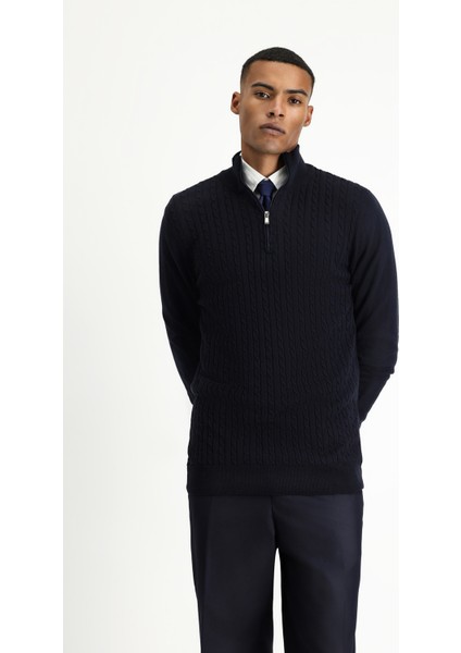 Yarım Balıkçı Yaka Regular Fit Fermuarlı Desenli Pamuklu Triko Kazak