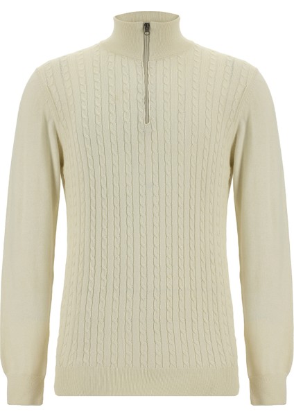 Yarım Balıkçı Yaka Regular Fit Fermuarlı Desenli Pamuklu Triko Kazak