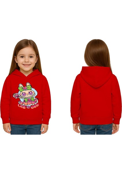 Unisex Baskılı Çocuk Swaetshirt Labubu Baskılı Kapüşonlu 3 Iplik Şardonlu