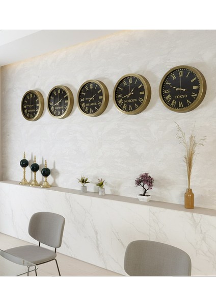 36 cm Eskitme Metal 5 Li Set Otel Dünya Saatleri Duvar Saati