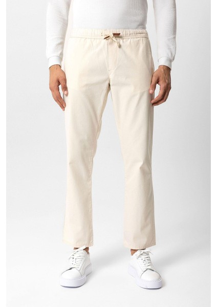 Ekru Relaxed Fit Yan Cepli %100 Pamuk Beli Bağlamalı Denim Pantolon