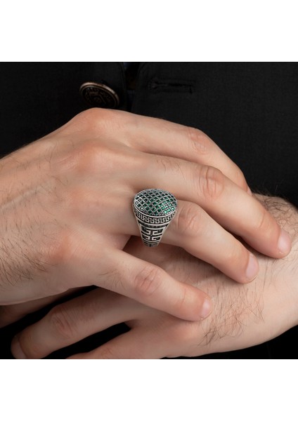 Yeşil Mikro Taş Işlemeli 925 Ayar Erkek Gümüş Yüzük