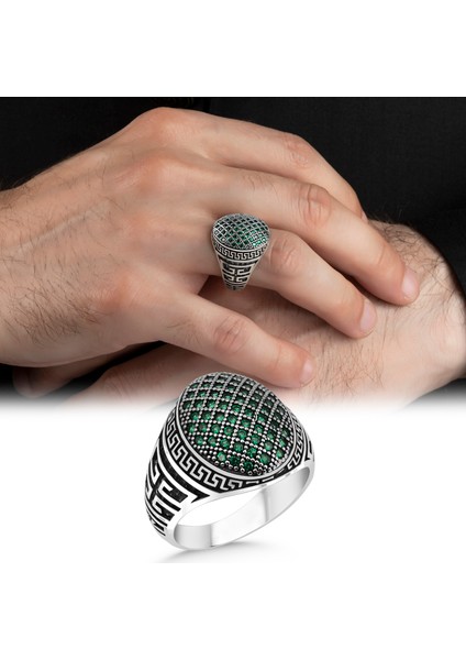 Yeşil Mikro Taş Işlemeli 925 Ayar Erkek Gümüş Yüzük modelleri