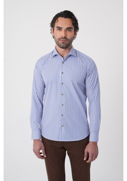 Uzun Kollu Italyan Yaka Mavi Desenli Erkek Gömlek GMCZG252052_C35