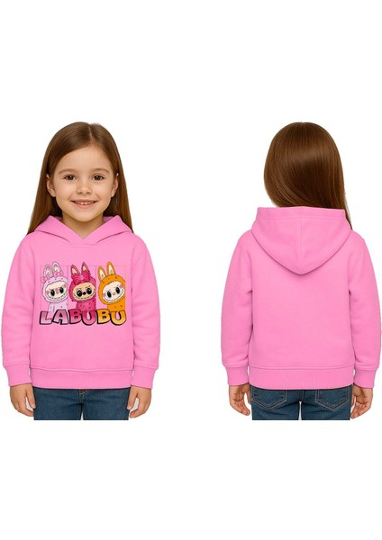 Unisex Baskılı Çocuk Swaetshirt Labubu Baskılı Kapüşonlu 3 Iplik Şardonlu