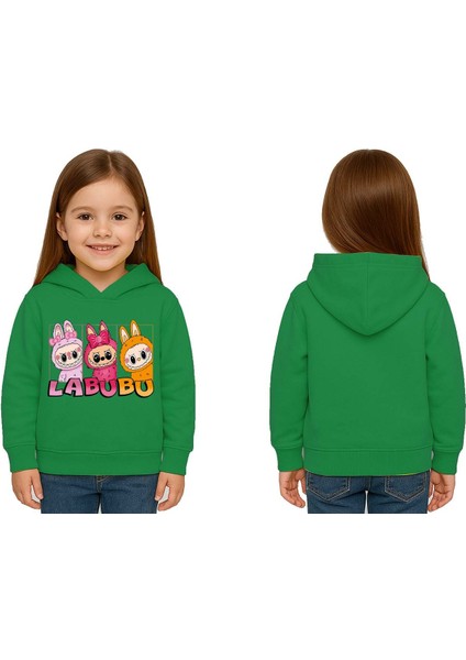 Unisex Baskılı Çocuk Swaetshirt Labubu Baskılı Kapüşonlu 3 Iplik Şardonlu