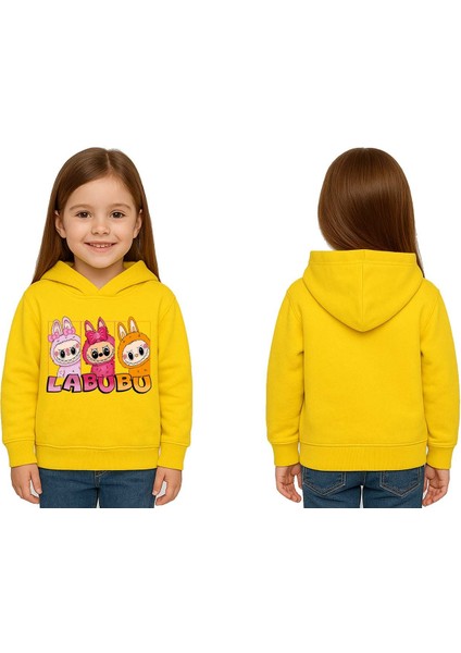 Unisex Baskılı Çocuk Swaetshirt Labubu Baskılı Kapüşonlu 3 Iplik Şardonlu