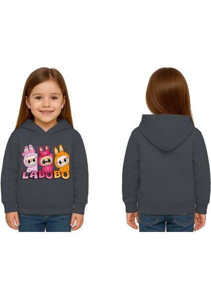 Unisex Baskılı Çocuk Swaetshirt Labubu Baskılı Kapüşonlu 3 Iplik Şardonlu