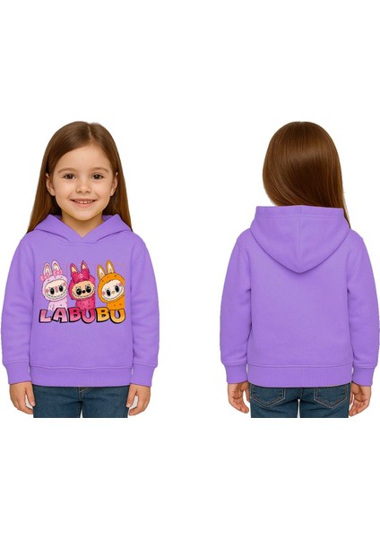 Unisex Baskılı Çocuk Swaetshirt Labubu Baskılı Kapüşonlu 3 Iplik Şardonlu