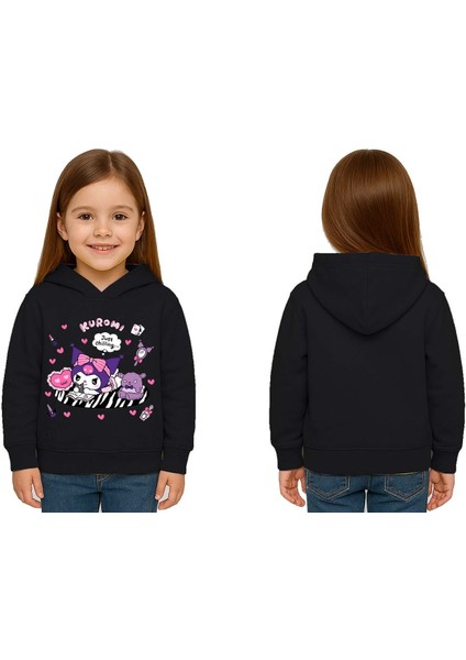 Unisex Baskılı Çocuk Swaetshirt Kapüşonlu 3 Iplik Şardonlu Kuromi Baskılı