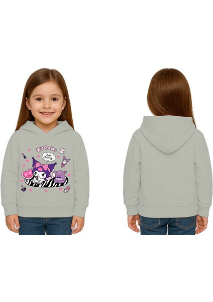 Unisex Baskılı Çocuk Swaetshirt Kapüşonlu 3 Iplik Şardonlu Kuromi Baskılı