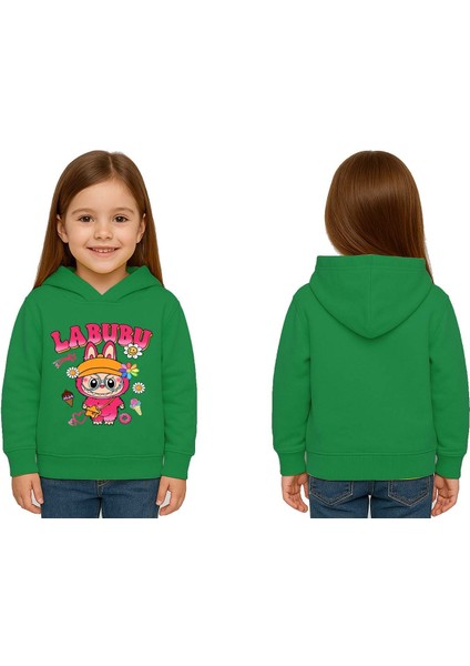 Unisex Baskılı Çocuk Swaetshirt Labubu Baskılı Kapüşonlu 3 Iplik Şardonlu