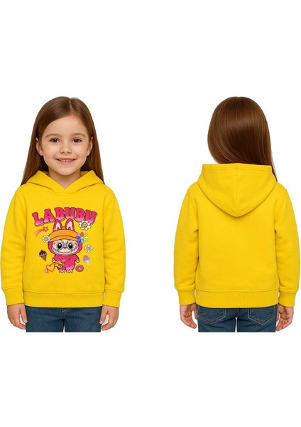 Unisex Baskılı Çocuk Swaetshirt Labubu Baskılı Kapüşonlu 3 Iplik Şardonlu