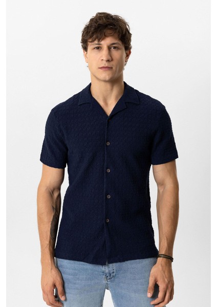 Lacivert Regular Fit Küba Yaka Örme Kısa Kollu Gömlek
