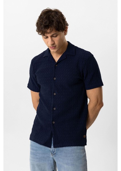 Lacivert Regular Fit Küba Yaka Örme Kısa Kollu Gömlek fiyatları