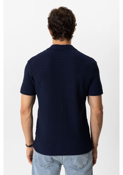 Lacivert Regular Fit Küba Yaka Örme Kısa Kollu Gömlek indirimleri